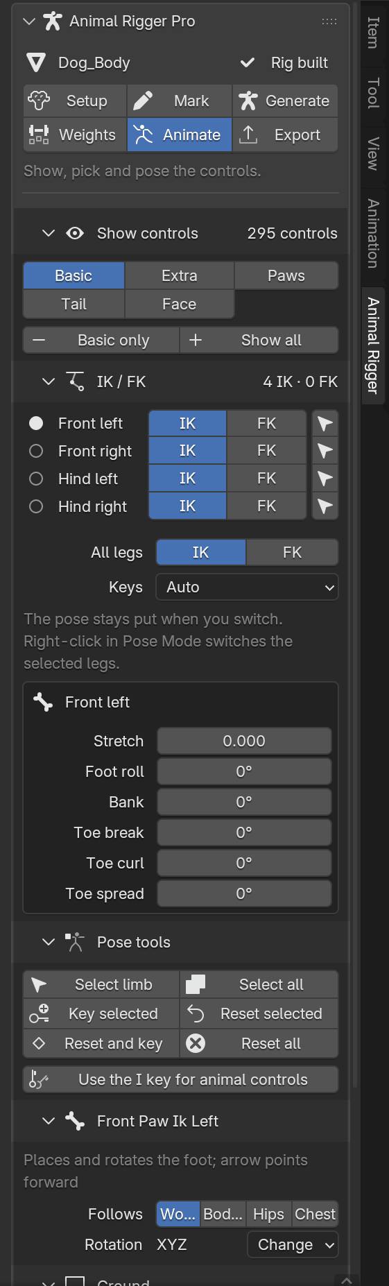 The Animate page: Show controls with Basic, Extra, Paws, Tail and Face buttons; the IK / FK table with one line per leg; the front left leg's sliders; pose tools; and the selected control's settings.