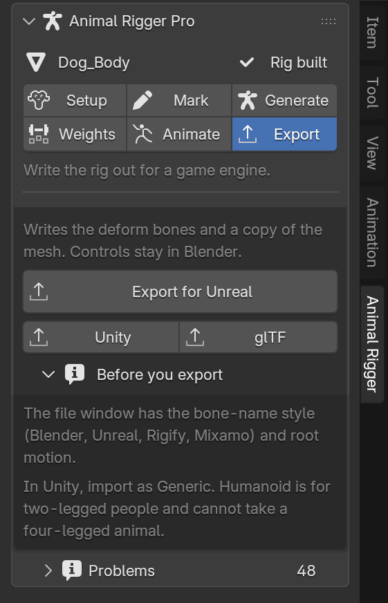 The Export page: Export for Unreal, then Unity and glTF buttons, and the Before you export notes.