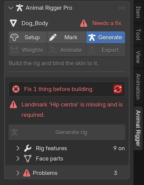 The Generate page with a red banner, Fix 1 thing before building, and the message: Landmark Hip centre is missing and is required.