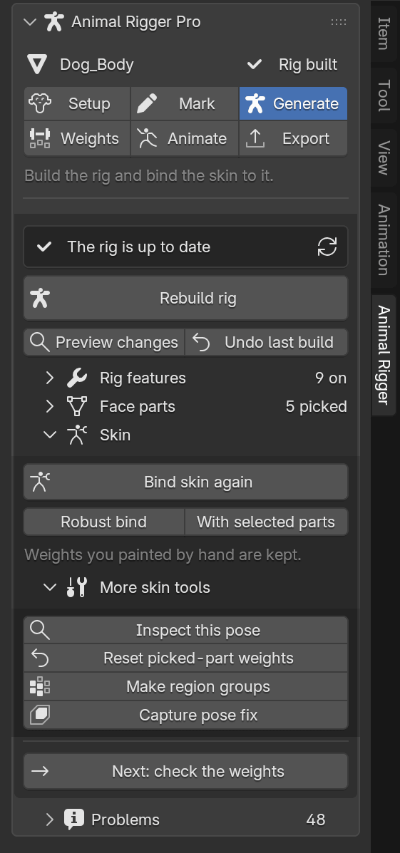 The Generate page after a build: Rebuild rig, Preview changes, Undo last build, and the Skin section with Bind skin again, Robust bind, With selected parts and More skin tools.