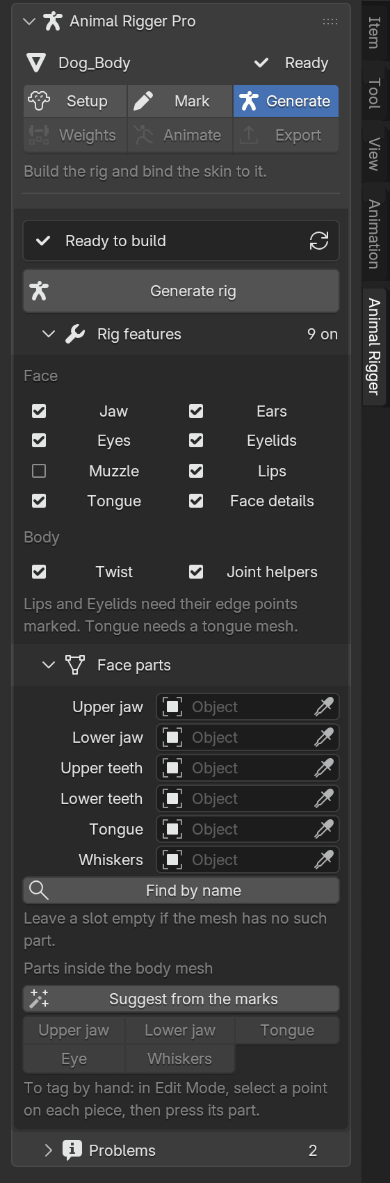 The Generate page ready to build, with the Rig features section open showing face and body toggles, and the Face parts section with object pickers.