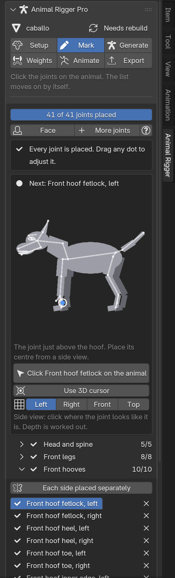 The Mark page for a horse with all 41 joints placed and the Front hooves group open: fetlock, heel, toe, inner edge and outer edge on each side.