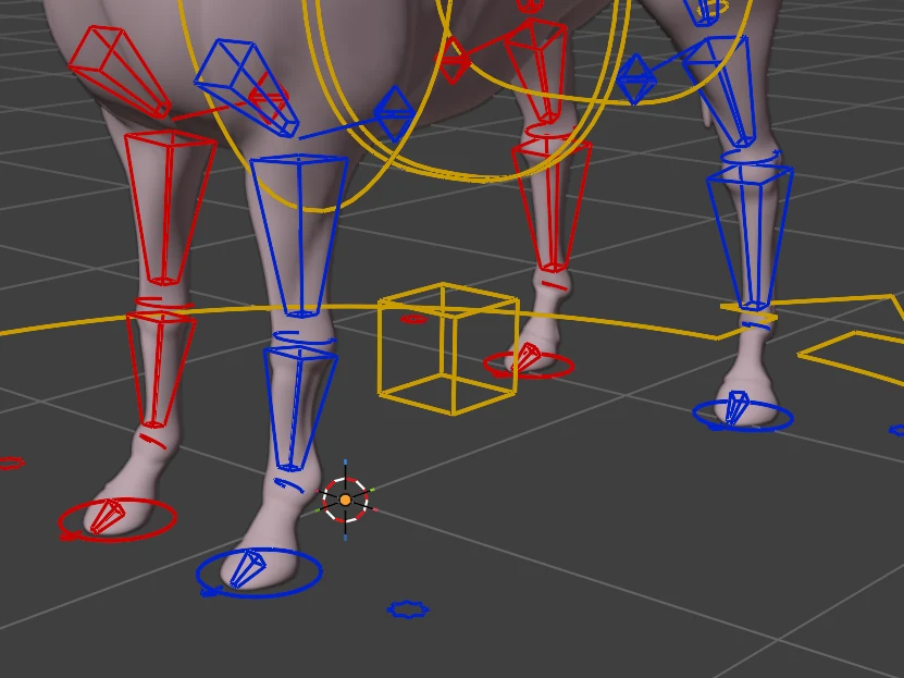 The horse's front legs with the controls showing: a ring under each hoof, a ring at each fetlock, and the leg bones in blue and red.