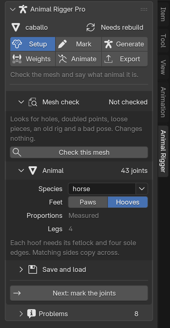 The Setup page for a horse: Species horse, Feet set to Hooves, and a note that each hoof needs its fetlock and four sole edges.