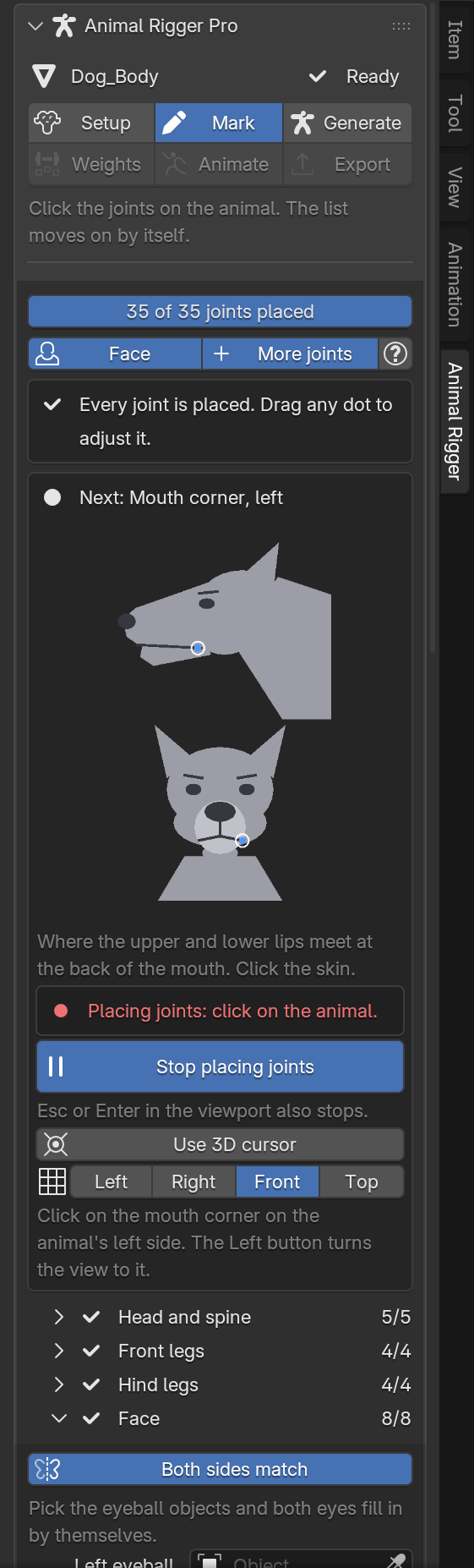 The Mark page with the Face, Lip edges and Eyelid edges groups open, all marked.