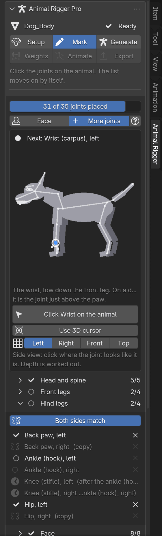 The Mark page with a Guess the other 8 leg joints button under the list.