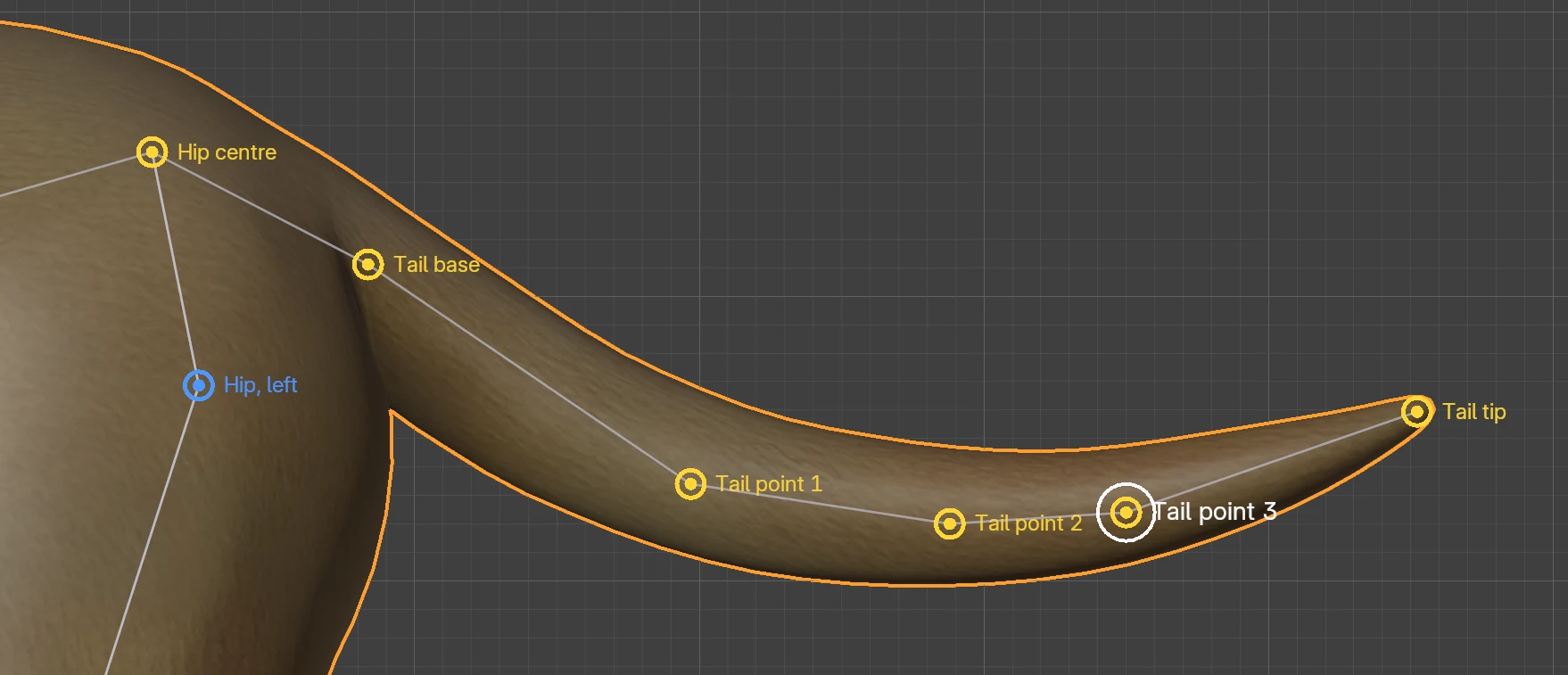 The dog's tail from the side with five yellow dots from the base to the tip, following the tail's downward sag.