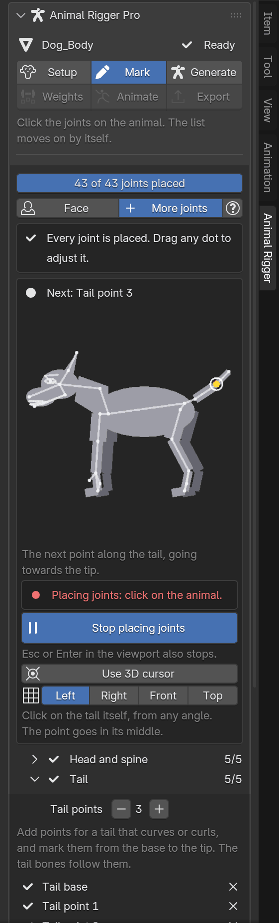 The Tail group open on the Mark page: Tail points set to 3 with minus and plus buttons, and the rows Tail base, Tail point 1 and so on.