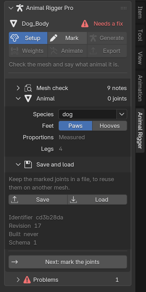The Animal section: Species dog, Feet Paws, Proportions Measured, Legs 4. Below it, Save and load with Save and Load buttons.