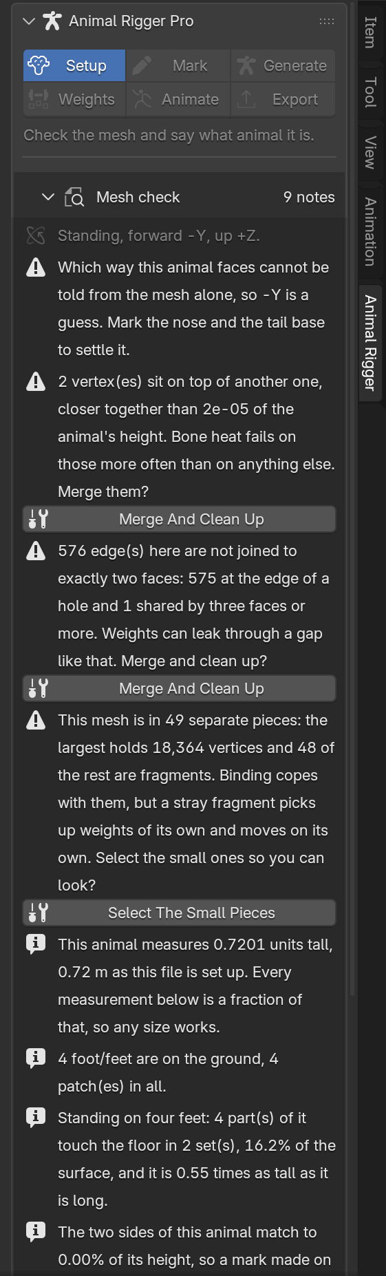 The mesh check listing notes about the dog: its facing, doubled points, holes, loose pieces, its size and how it stands.
