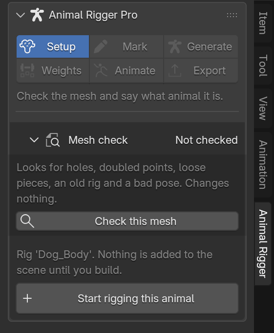The Setup page before starting: the Mesh check section says Not checked, with a Check this mesh button and a Start rigging this animal button.