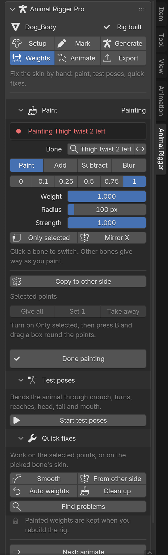 The Weights page while painting: the bone picker, Paint Add Subtract Blur brushes, weight buttons 0 to 1, sliders, Copy to other side, and Done painting.