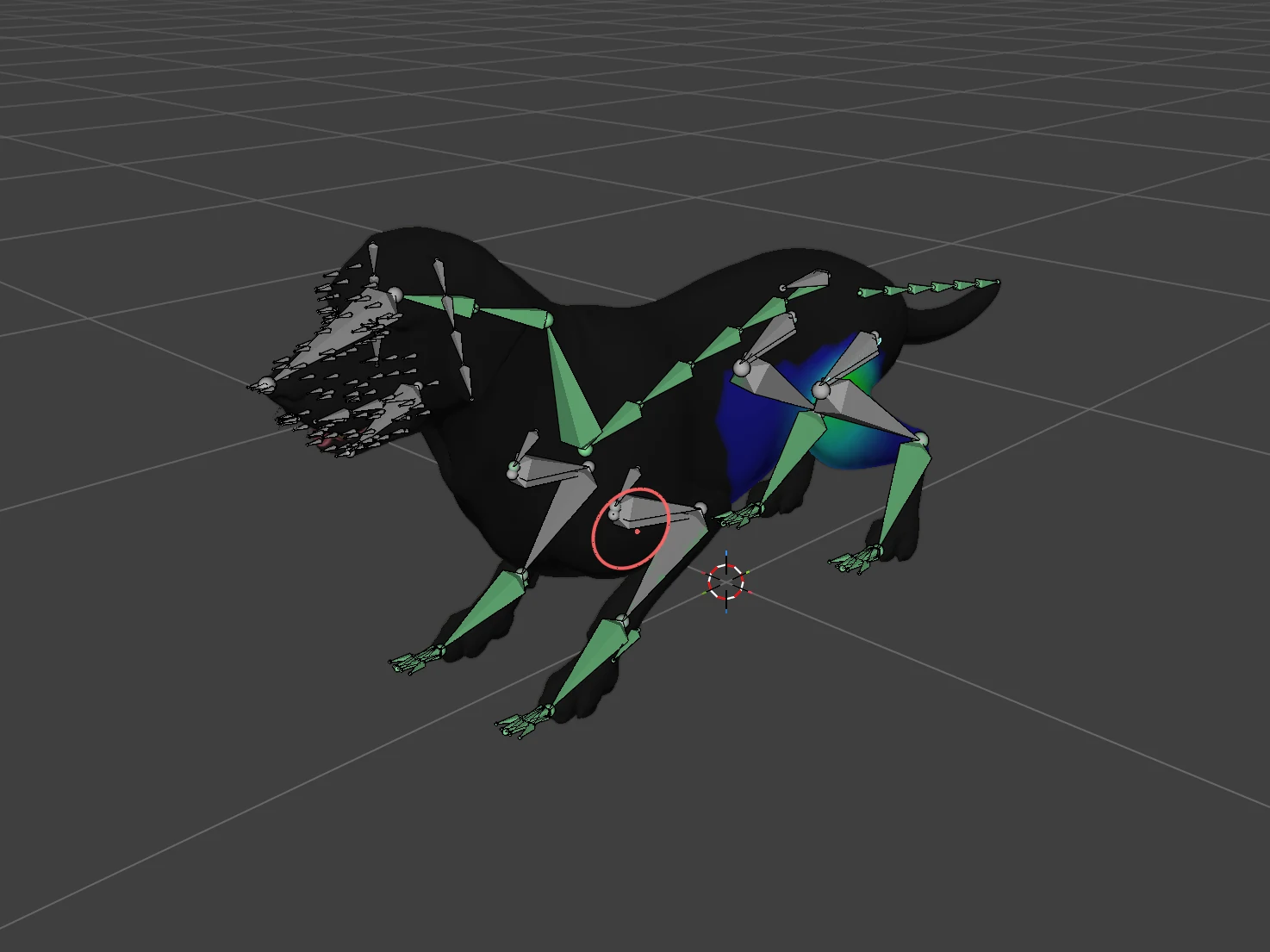 The dog crouching in weight paint mode.