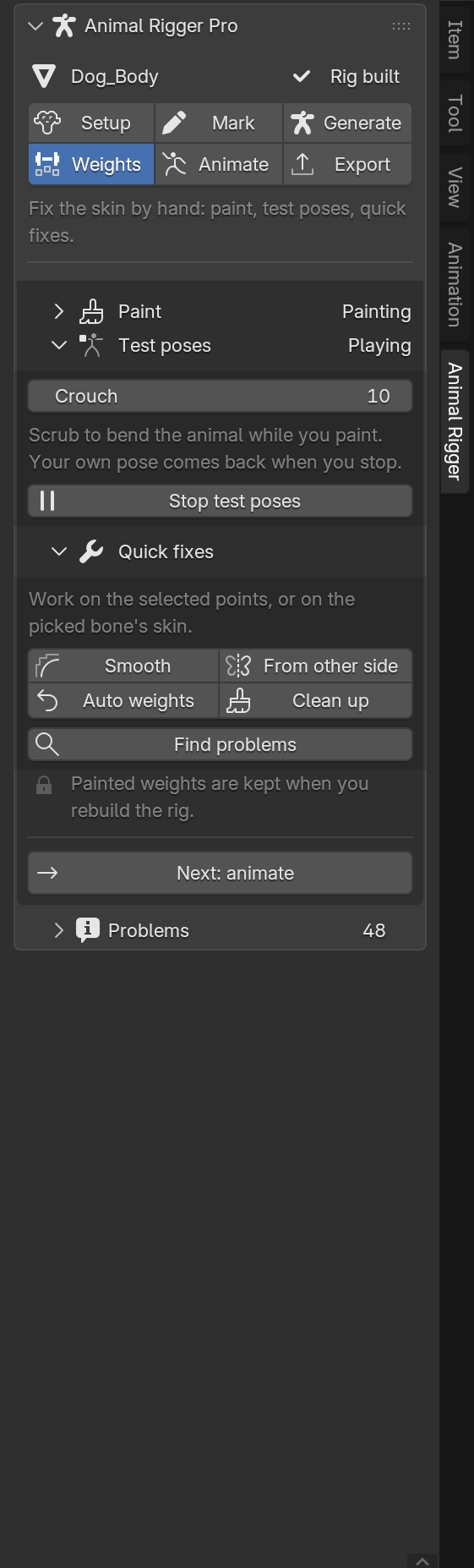 The Weights page with test poses playing, the timeline slider showing the Crouch pose, and a Stop test poses button.