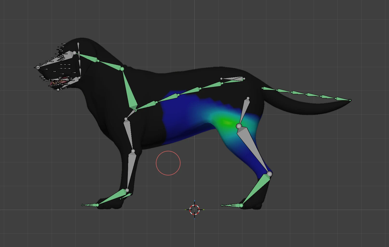 The dog in weight paint mode from the side, with its leg bones showing and colour on the upper hind leg.